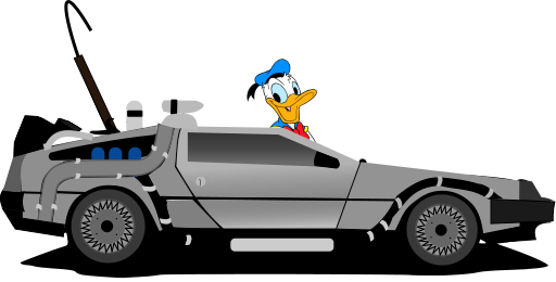 El pato Donald junto a un DeLorean