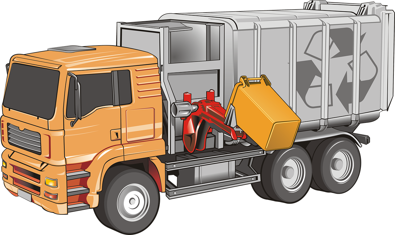 Ilustración de un camión de la basura de envases, visto de lado subiendo un cubo