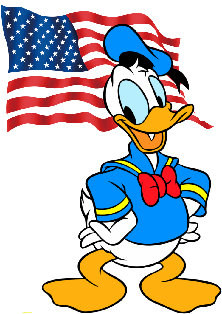 Pato Donald con una bandera de EEUU detrás