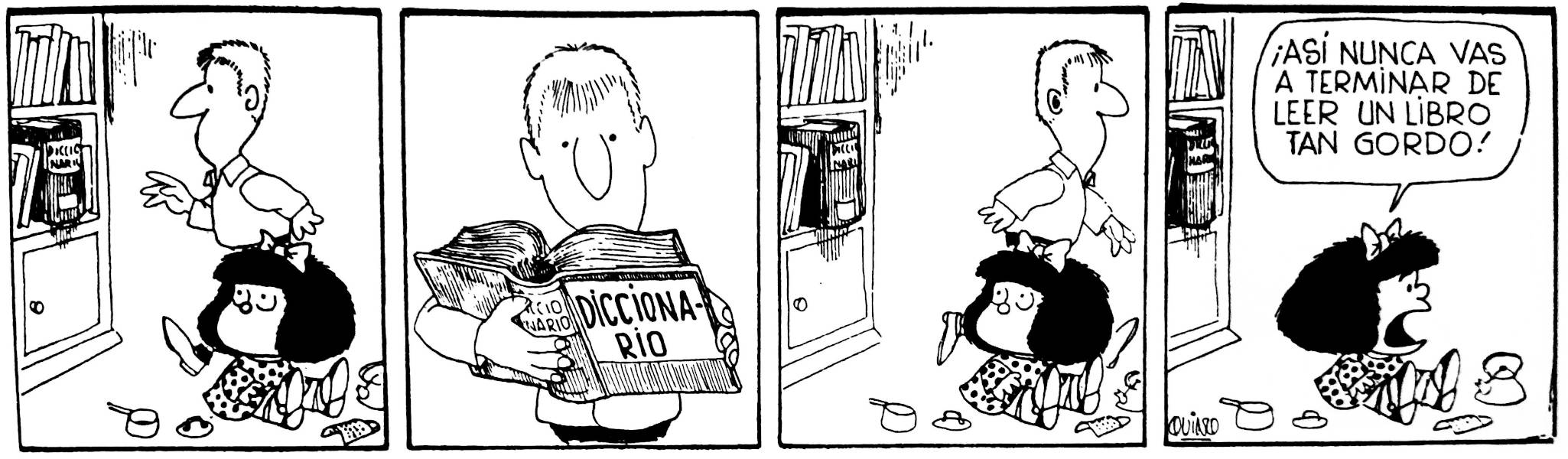 Tira de Mafalda con el padre leyendo una palabra del diccionario