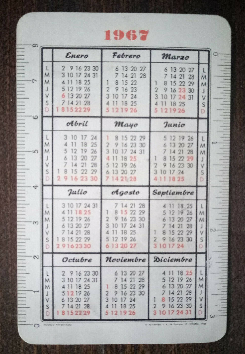 Calendario de bolsillo de 1967