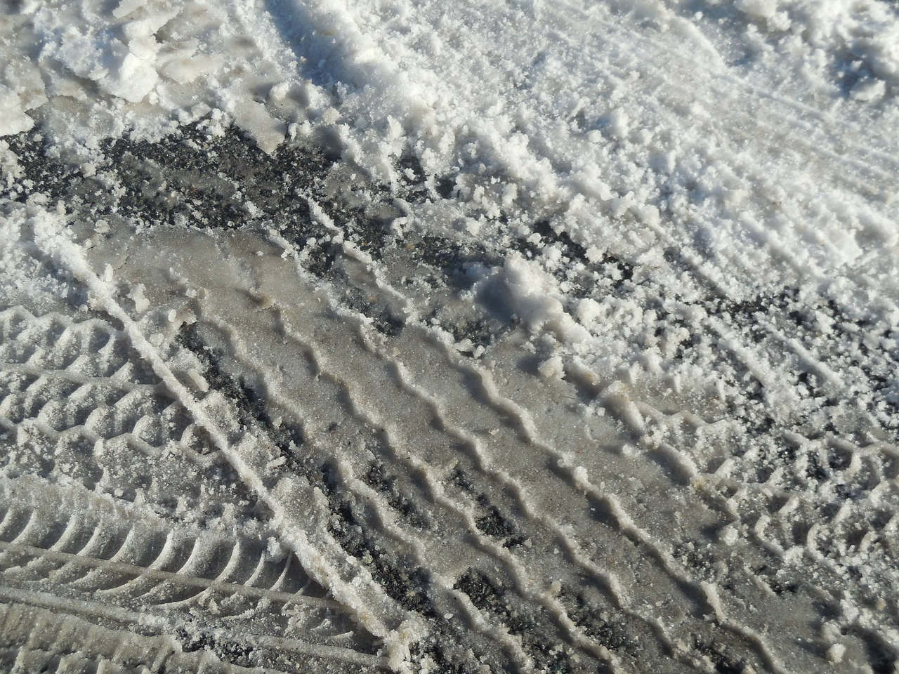 Primer plano de la huella de una rueda de coche sobre la nieve