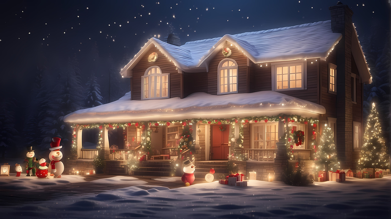 Casa con luces de navidad bordeando la fachada (generada por IA)