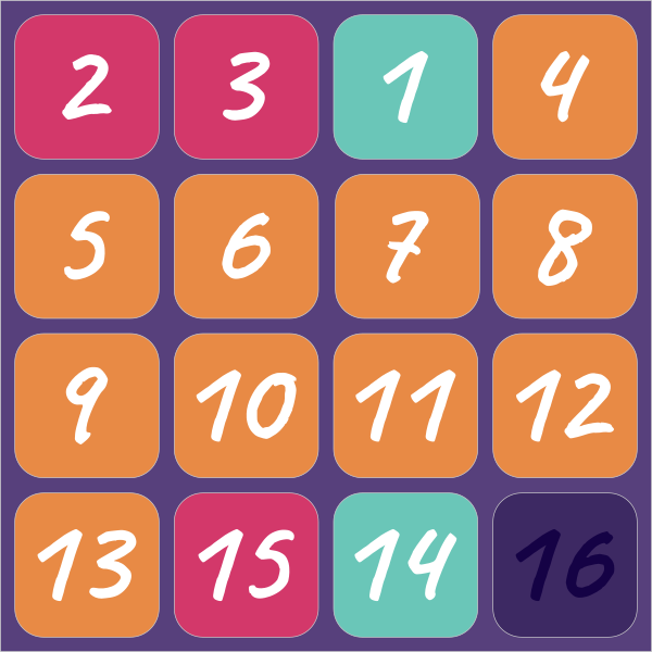 Puzzle de las 15 baldosas con la casilla 1 tras la 2 y la 3 y la 14 y 15 invertidas